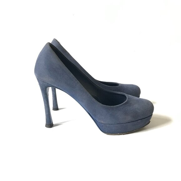 YSL Palais Platform Heels Pumps Womens 37.5 7.5 Blue Suede Yves Saint Laurent - Picture 1 of 7